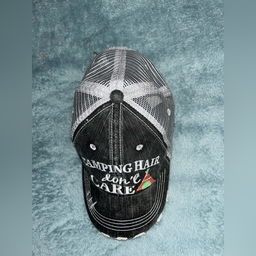 COCOVICI Camping Hair Don't Care Embroidered Grey Distressed hat mesh